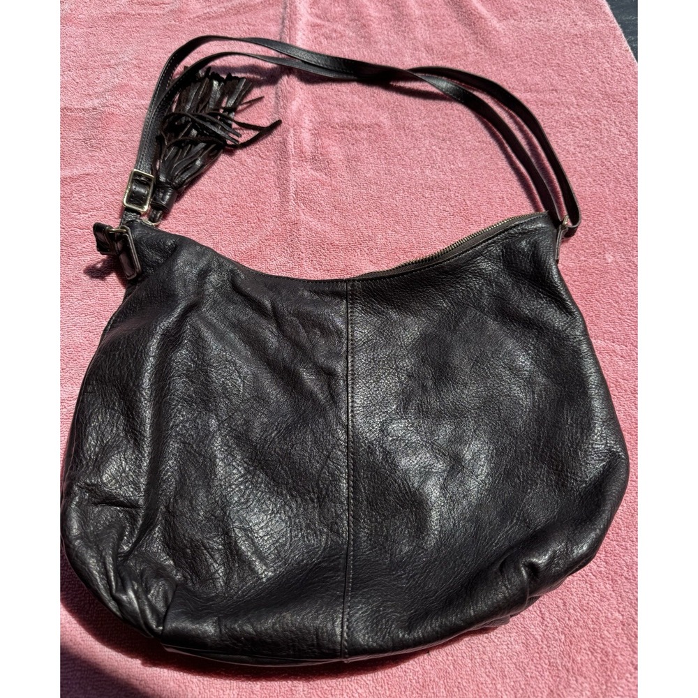 Vintage Margot Black  Leather Slouchy Hobo Shoulder Bag Purse with Tassel